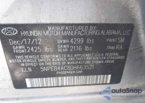 2013 Hyundai Sonata Gls z USA, uszkodzony, nr VIN 5NPEB4AC8DH663521